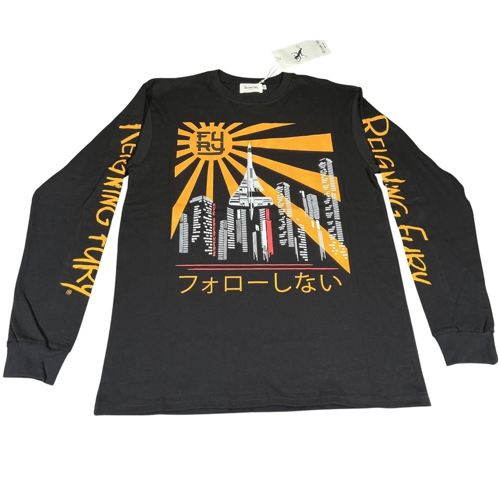 Reigning Fury Long Sleeve‎ Graphic Shirt Black City Anime Streetwear USA MED